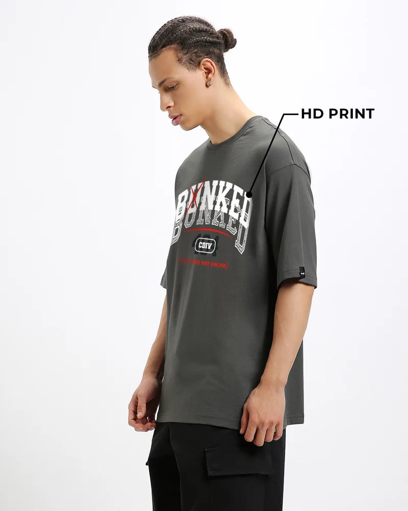 بيواكوف Men's Grey Bunked Typography Oversized T-shirt